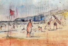 Figures on a Mediterranean Beach with Red Flag and Boats Offshore
