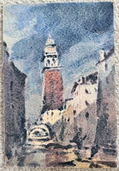 Venetian Bell Tower Rising Above a Narrow Canal Watercolour Landscape