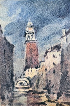 Venetian Bell Tower Rising Above a Narrow Canal Watercolour Landscape