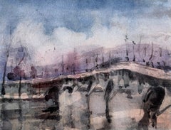 Parisian Bridge over the River Seine Beneath a Dramatic Sky
