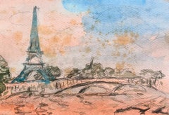 Eiffel Tower and Seine Bridge beneath a Soft Parisian Sky Watercolour Landscape