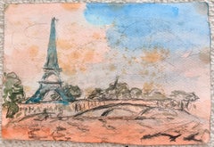 Eiffel Tower and Seine Bridge beneath a Soft Parisian Sky Watercolour Landscape