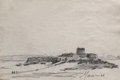 Personnages marchant le long d'un port côtier avec des fortifications et des bateaux – Paysage
