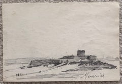 Personnages marchant le long d'un port côtier avec des fortifications et des bateaux – Paysage