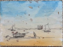 Aquarelle représentant des bateaux de pêche et des personnages sur une plage ensoleillée sous un ciel d'un bleu éclatant