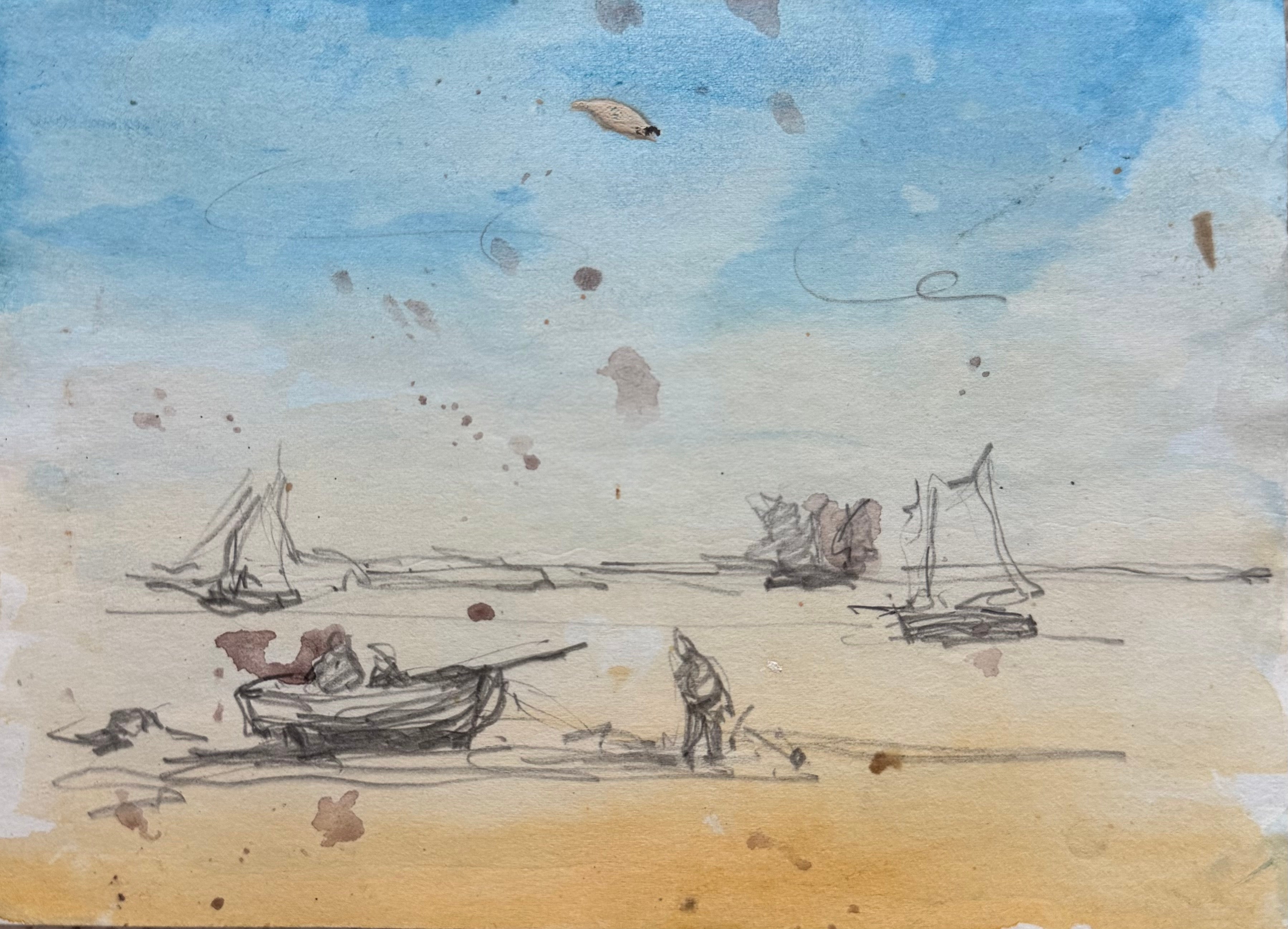 Maurice Mazeilie Landscape Painting - Fishing Boats and Figures on a Sunlit Beach with a Bright Blue Sky Watercolour