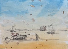 Aquarelle représentant des bateaux de pêche et des personnages sur une plage ensoleillée sous un ciel d'un bleu éclatant