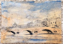 Aquarelle représentant un pont sur la Seine et des bâtiments de Paris sous un vaste ciel bleu