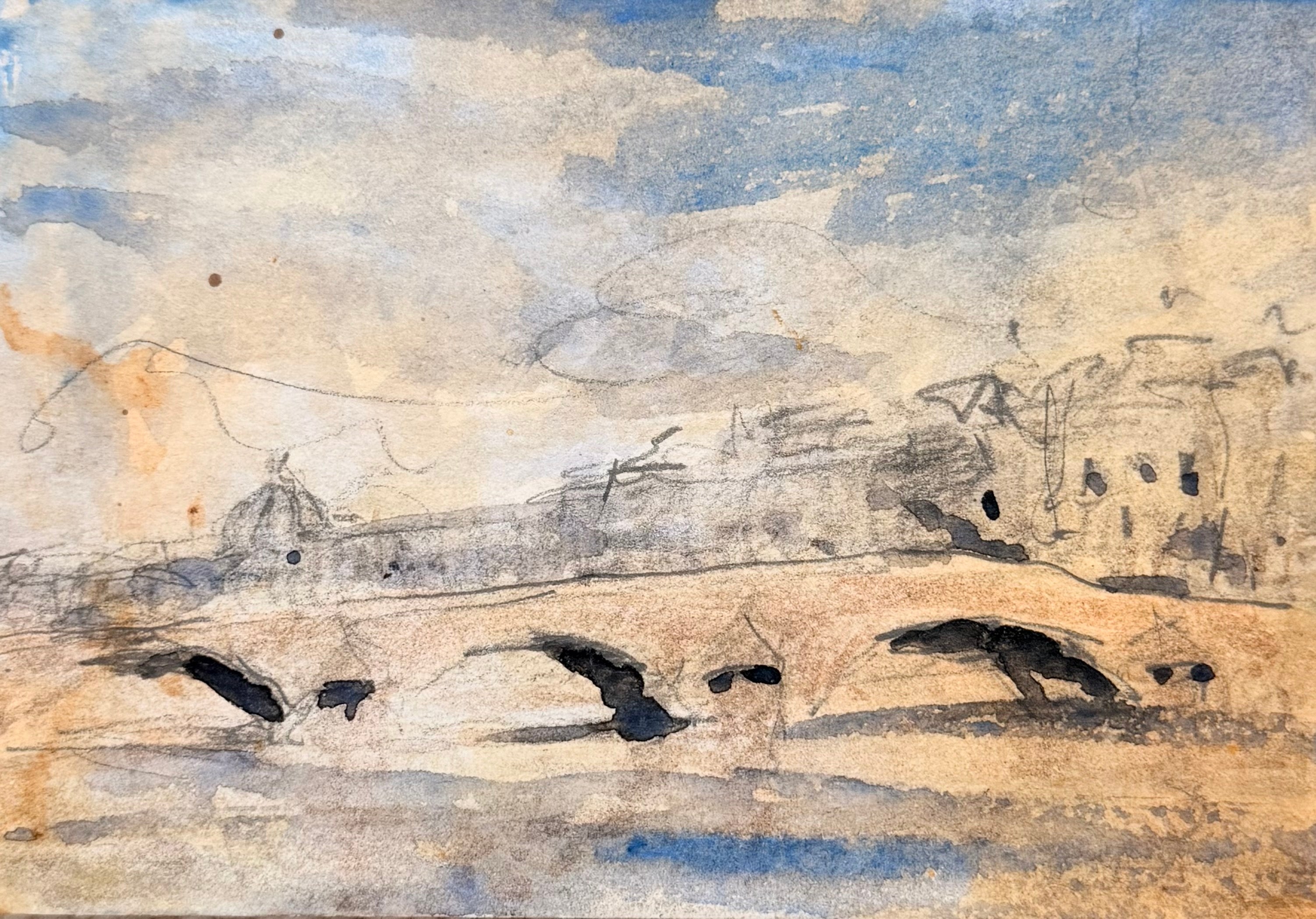 Maurice Mazeilie Landscape Painting - Paris River Bridge and City Buildings under a Sweeping Blue Sky Watercolour