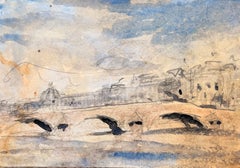 Aquarelle représentant un pont sur la Seine et des bâtiments de Paris sous un vaste ciel bleu