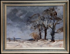 Chemin de campagne enneigé dans le Norfolk, avec des personnages et des arbres d'hiver – Paysage anglais