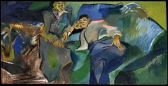1960's French Modernist Composition Oil Figures Colorful Sofa Abstract Interior