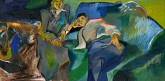 1960's French Modernist Composition Oil Figures Colorful Sofa Abstract Interior