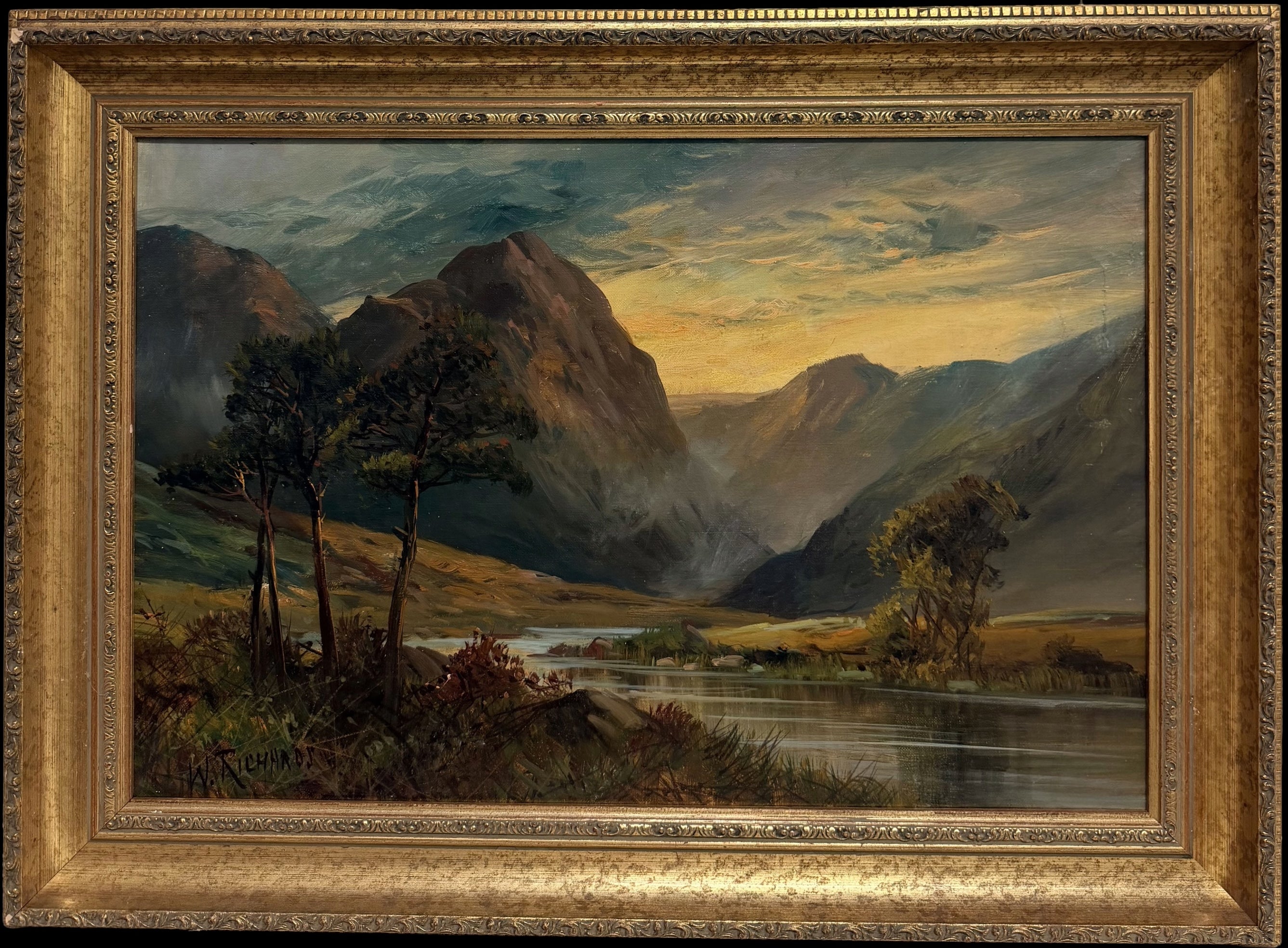 Peinture à l'huile représentant un coucher de soleil sur la rivière Glencoe dans les Highlands écossais, paysage ancien