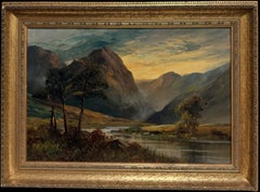Antique Scottish Highlands Sunset over River Glencoe Oil Painting Landscape