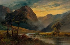 Antique Scottish Highlands Sunset over River Glencoe Oil Painting Landscape