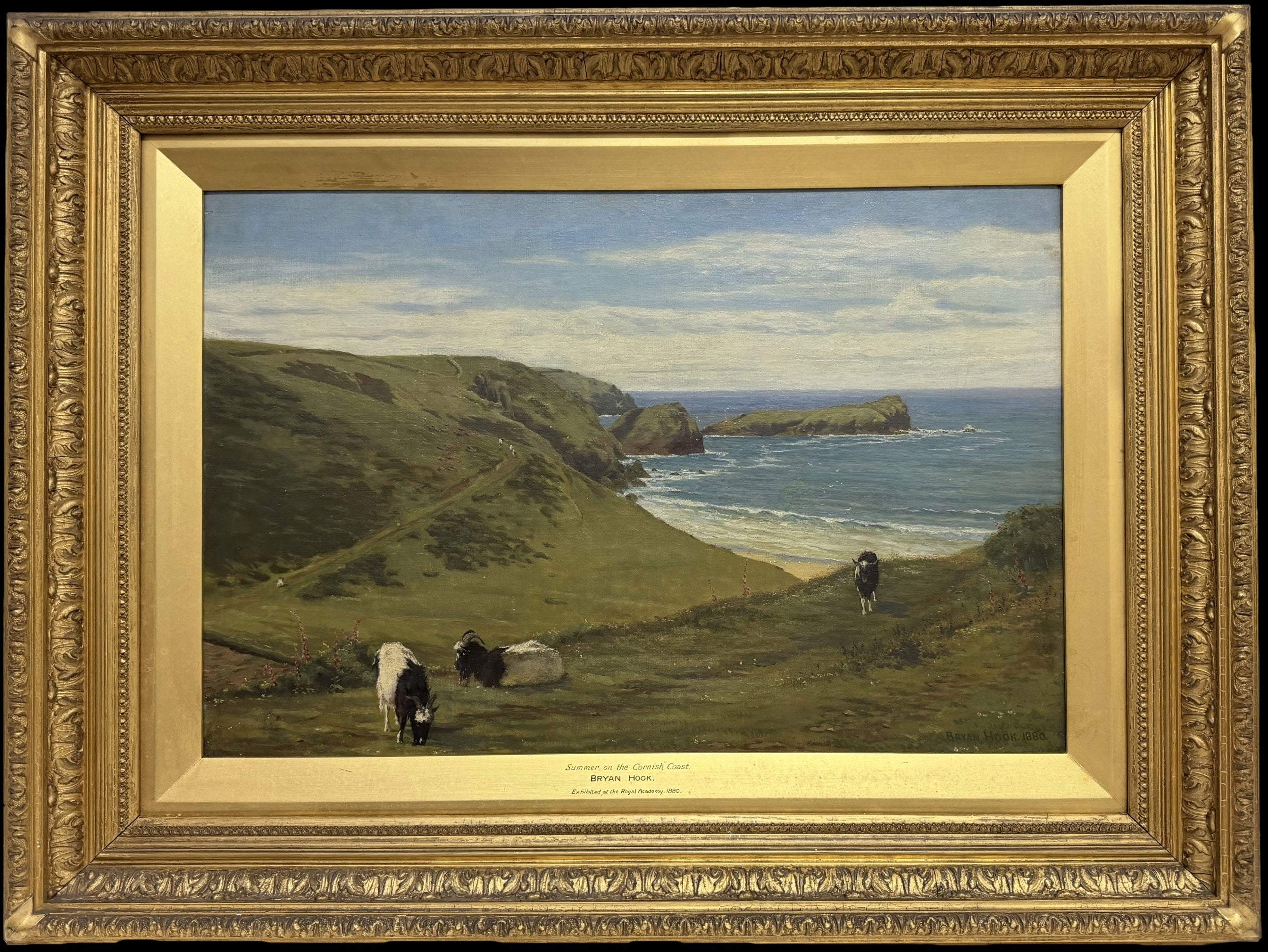 Magnifique peinture à l'huile du XIXe siècle représentant un paysage pastoral côtier de Cornouailles : « Falaises au bord de la mer »