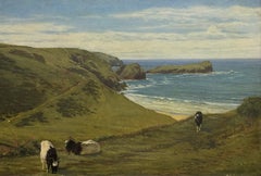 Fine 19thC Cornish Coastal Pastoral Landscape Cliffs by the Sea Oil Painting