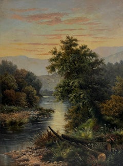 Antique Scottish Highland River Landscape Antique Oil Painting Mountain View