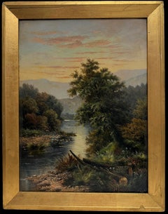 Antique Scottish Highland River Landscape Antique Oil Painting Mountain View