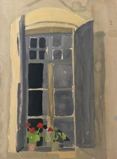 Pintura modernista en gouache francés: ventana con contraventanas grises abiertas y geranios rojos