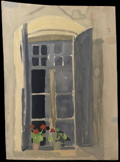 Pintura modernista en gouache francés: ventana con contraventanas grises abiertas y geranios rojos