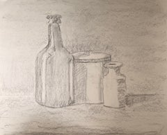 French Charcoal Still Life with Bottle Jar and Ceramic Vessel French Drawing