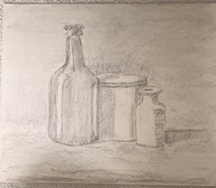 French Charcoal Still Life with Bottle Jar and Ceramic Vessel French Drawing