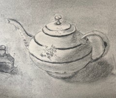 French Modernist Charcoal Still Life with Floral Teapot and Ink Bottle Drawing
