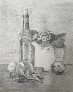 French Modernist Still Life Wine Bottle, Jug, Fruit & Flowers Pencil Drawing