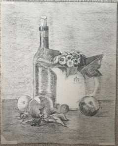 French Modernist Still Life Wine Bottle, Jug, Fruit & Flowers Pencil Drawing
