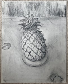 Originalzeichnung eines französischen modernistischen Stilllebens in Kohle: „Ananas auf einem Teller“