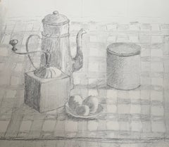 Nature morte moderniste française avec cafetière, moulin à café, œufs et ustensiles de cuisine