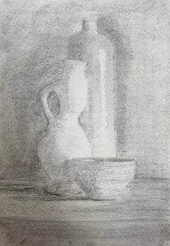 French Modernist Charcoal Still Life with Bottles, Jug and Ceramic Bowl Drawing