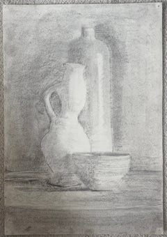French Modernist Charcoal Still Life with Bottles, Jug and Ceramic Bowl Drawing