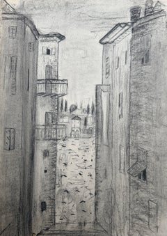 Dibujo al carboncillo modernista francés de una calle estrecha europea y casas antiguas