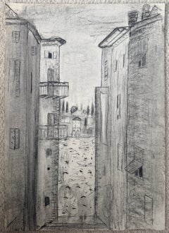 Dibujo al carboncillo modernista francés de una calle estrecha europea y casas antiguas