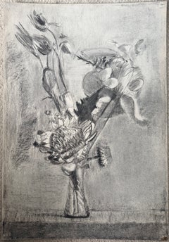 French Modernist Charcoal Still Life of Flowers and Tall Vase on Table