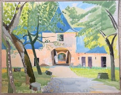 French Modernist Country House Garden with Trees and Arched Courtyard Entrance