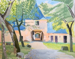 French Modernist Country House Garden with Trees and Arched Courtyard Entrance