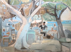 French Modernist Seaside Café with Figures Beneath Trees on the Mediterranean
