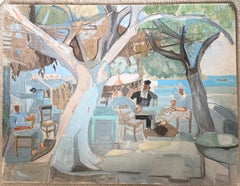 French Modernist Seaside Café with Figures Beneath Trees on the Mediterranean