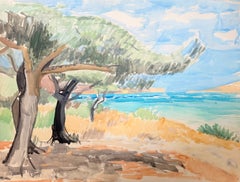 French Modernist Mediterranean Coastal Landscape with Pine Trees and Blue Sea