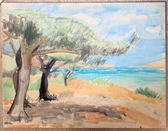 French Modernist Mediterranean Coastal Landscape with Pine Trees and Blue Sea