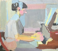 Französisches modernistisches Interieur aus der Mitte des 20. Jahrhunderts: Frau am Klavier in sanften Pastellfarben