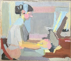 Französisches modernistisches Interieur aus der Mitte des 20. Jahrhunderts: Frau am Klavier in sanften Pastellfarben