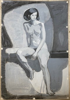 Französischer modernistischer sitzender weiblicher Akt in einem monochromen grauen Interieur