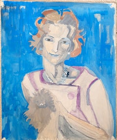French Modernist Portrait of an Elegant Red-Haired Woman Holding a Small Dog