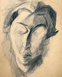 Estudio modernista y cubista francés de un retrato de mujer al carboncillo, siglo XX