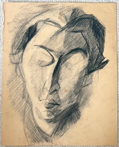 Étude de portrait cubiste moderniste française représentant une femme, au fusain, XXe siècle